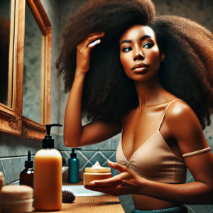 Een zelfverzekerde vrouw met gezond, volumineus afro-textured haar verzorgt haar haar zorgvuldig. Ze brengt leave-in conditioner aan terwijl ze in de spiegel kijkt. Haar badkamer is gevuld met natuurlijke haarverzorgingsproducten zoals mango boter, een biologische shampoo en een deep conditioner.